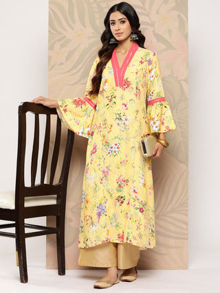 Ahalyaa Floral Printed Bell Sleeves Gotta Patti Crepe Kurta - Distacart