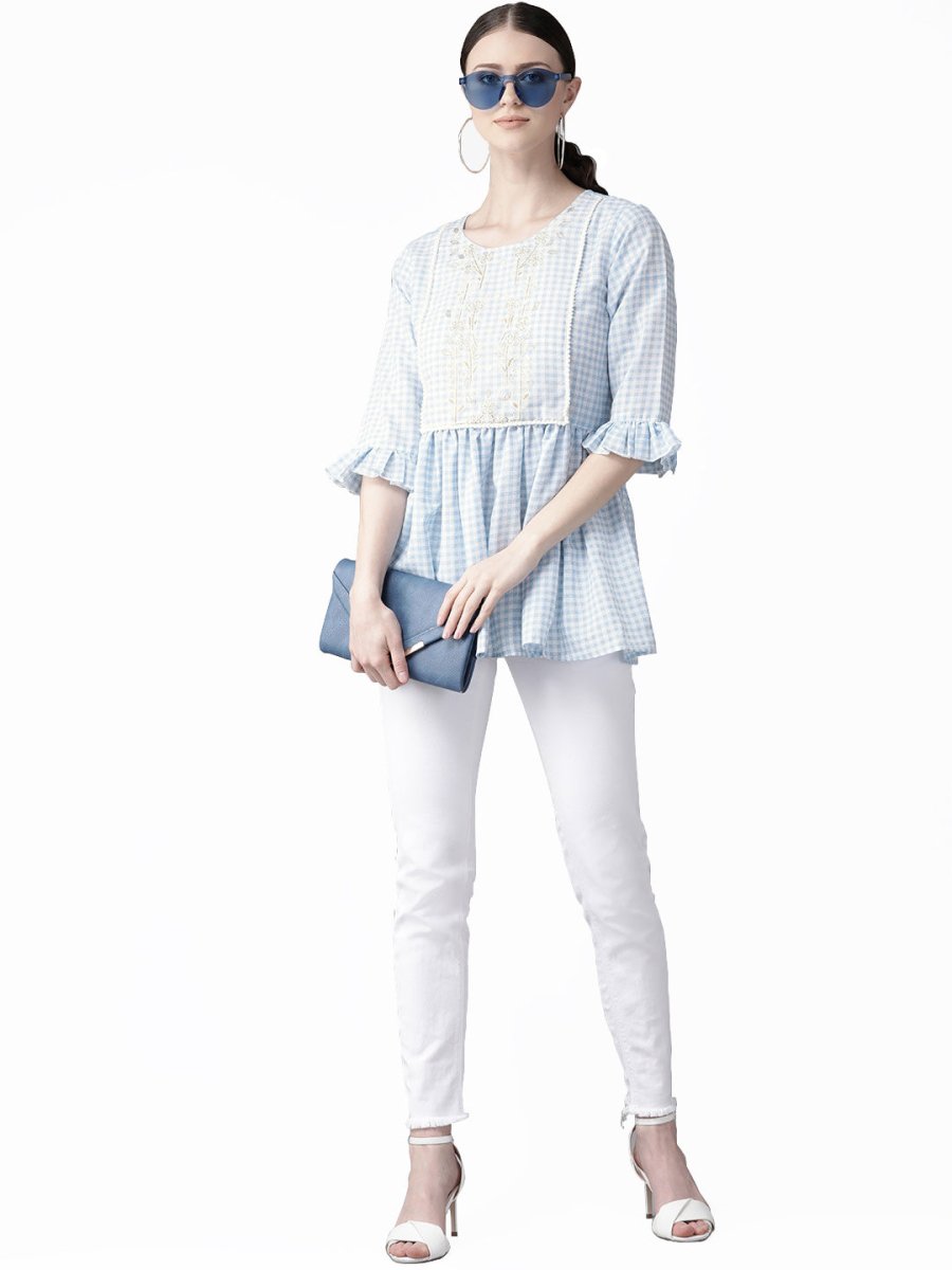 Ahalyaa Women Blue & White Checked A-Line Top