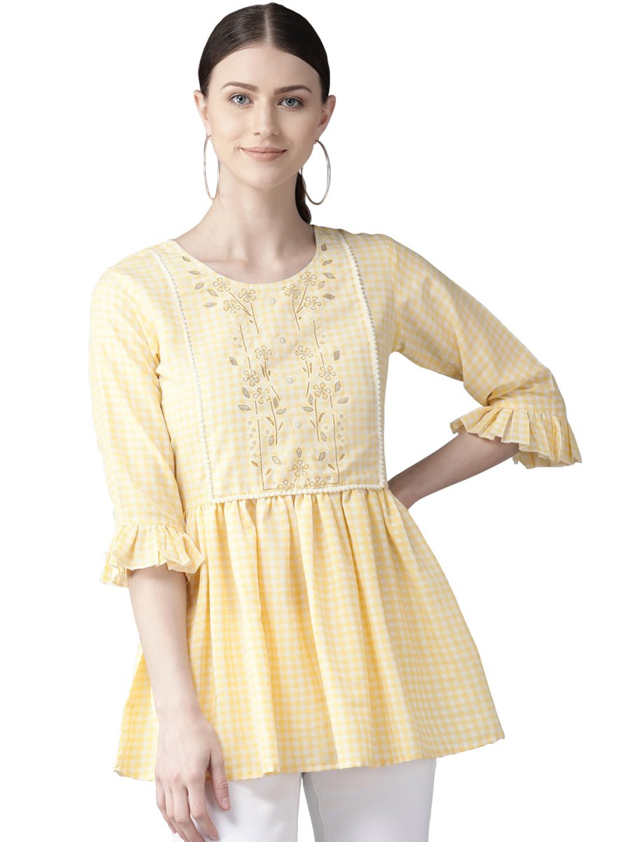 Ahalyaa Women Yellow & White Checked A-Line Top