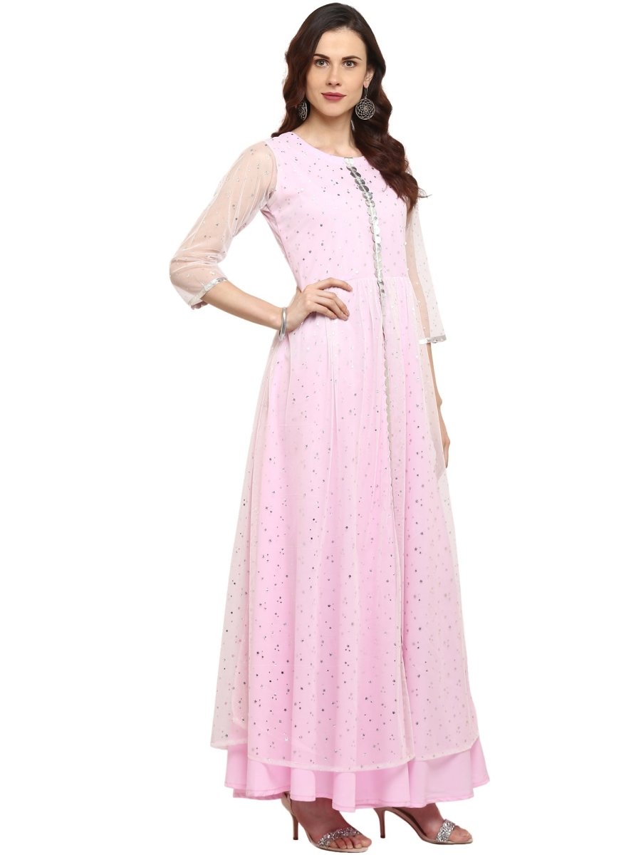 Ahalyaa Women's Stylist Double Layered Light Pink Indo Western Kurta Dress