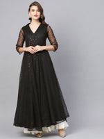 Thumbnail for Ahalyaa Women Black Star Foil Print Angrakha Anarkali Kurta