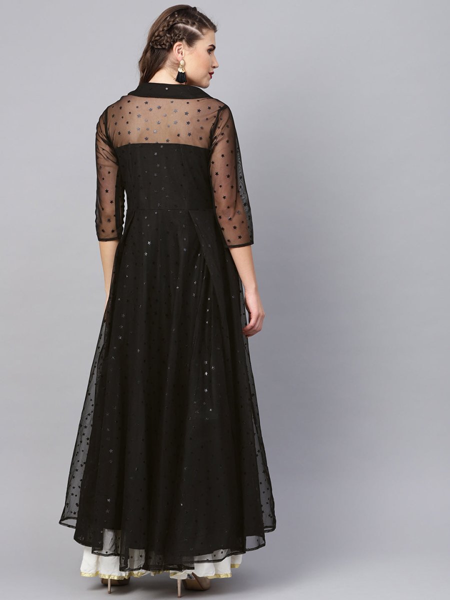 Ahalyaa Women Black Star Foil Print Angrakha Anarkali Kurta
