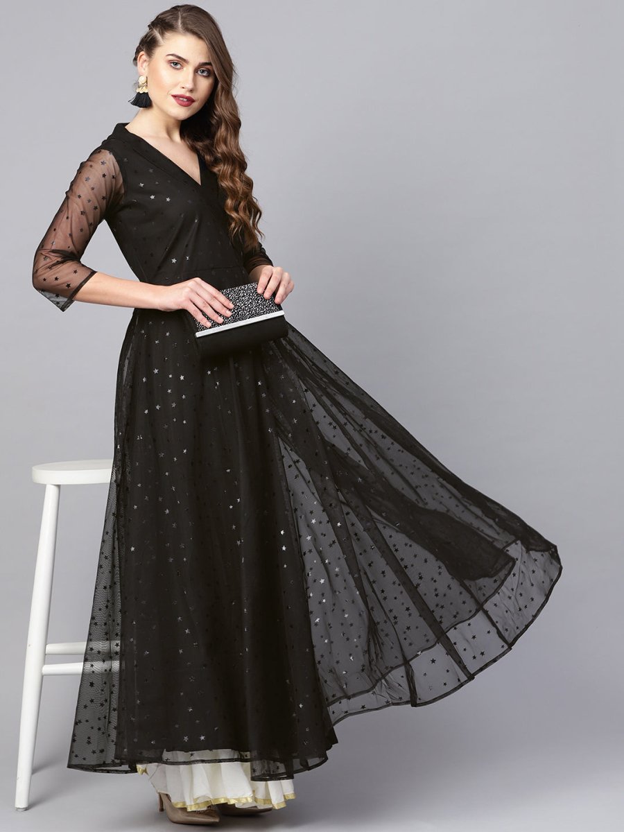 Ahalyaa Women Black Star Foil Print Angrakha Anarkali Kurta