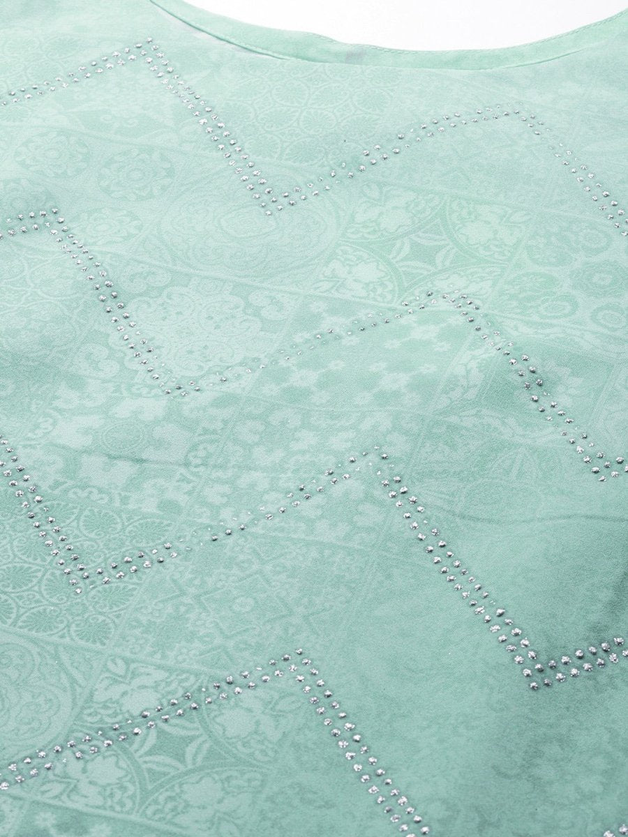 Ahalyaa Women Sea Green & Blue Printed Kurta With Trousers