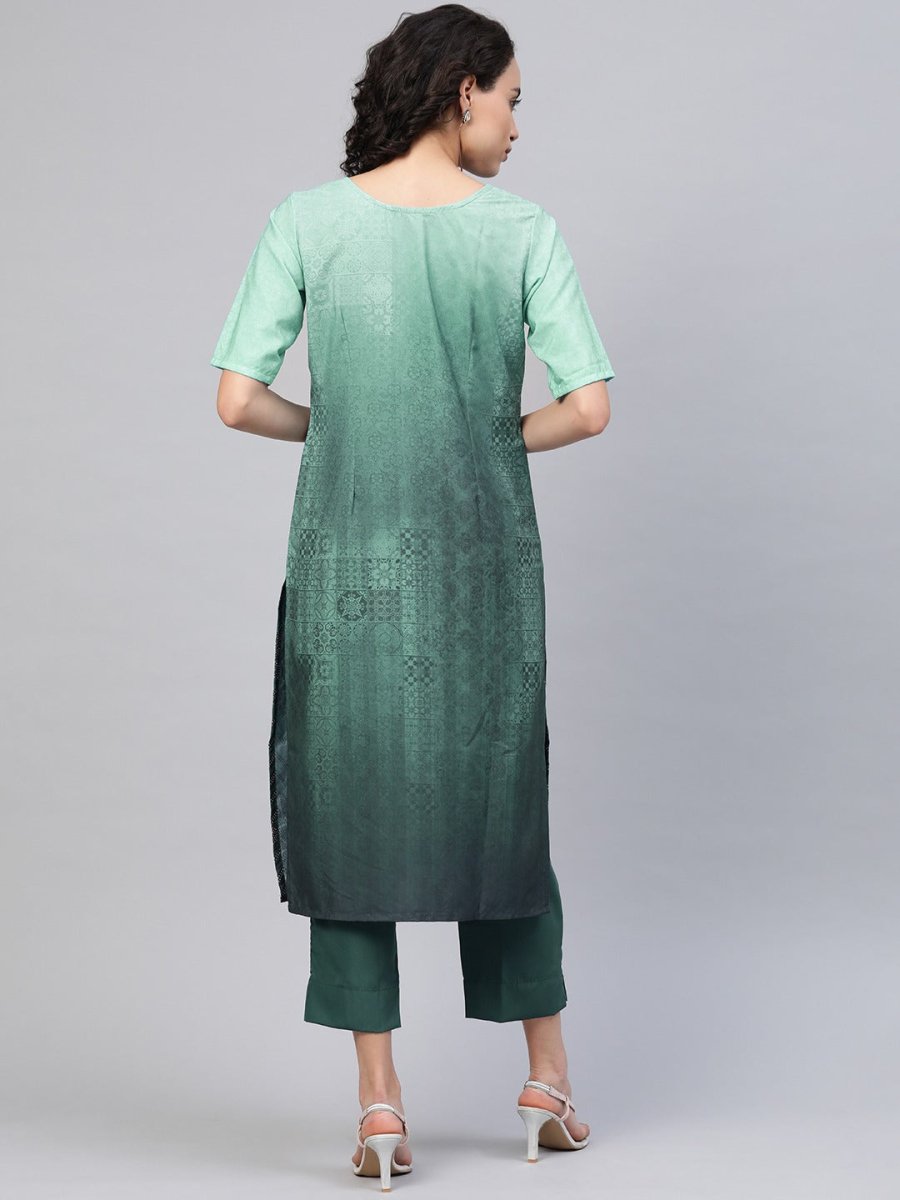Ahalyaa Women Sea Green & Blue Printed Kurta With Trousers