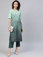 Thumbnail for Ahalyaa Women Sea Green & Blue Printed Kurta With Trousers