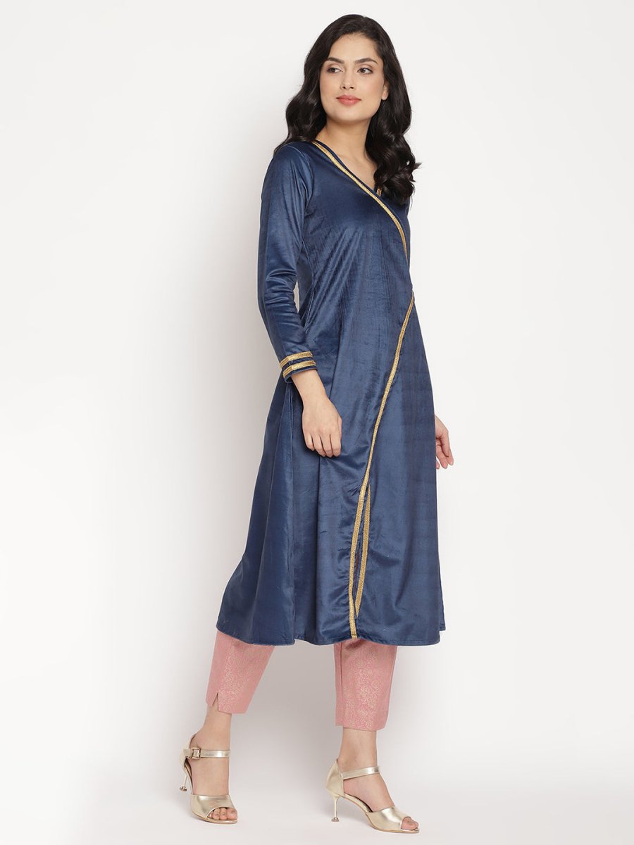 Ahalyaa Women's Navy Solid Velvet Angrakha Kurta With Gold Printed Pant