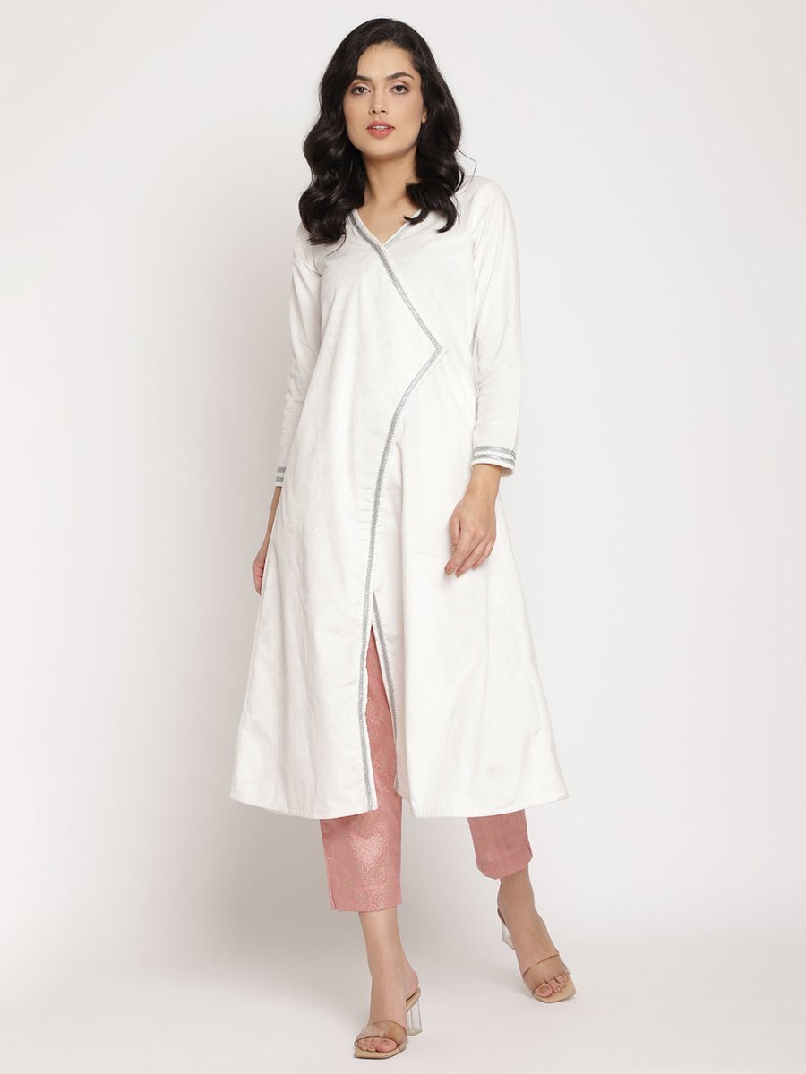 Ahalyaa Women's White Solid Velvet Angrakha Kurta With Gold Printed Pant
