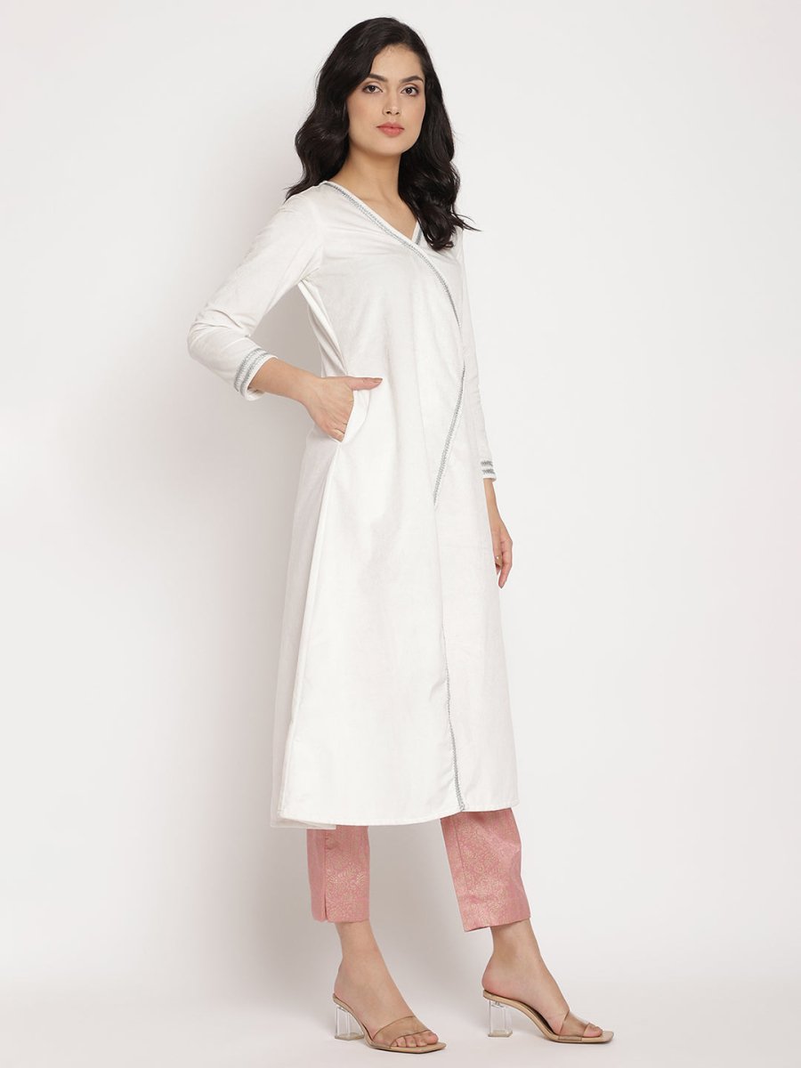 Ahalyaa Women's White Solid Velvet Angrakha Kurta With Gold Printed Pant