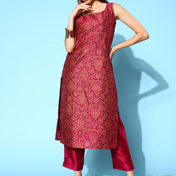 Ahalyaa Burgundy Ethnic Motif Woven Design Sleeveless Kurta - Distacart