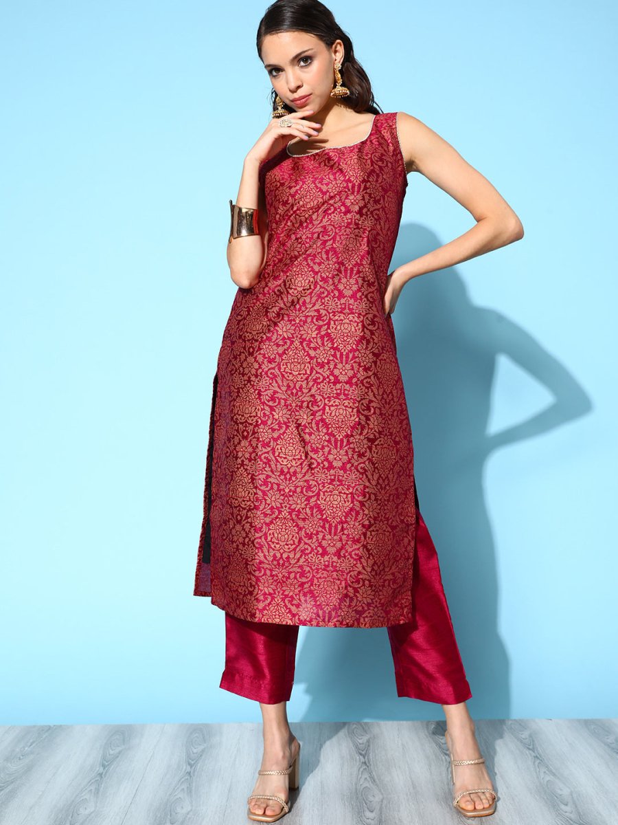 Ahalyaa Burgundy Ethnic Motif Woven Design Sleeveless Kurta - Distacart