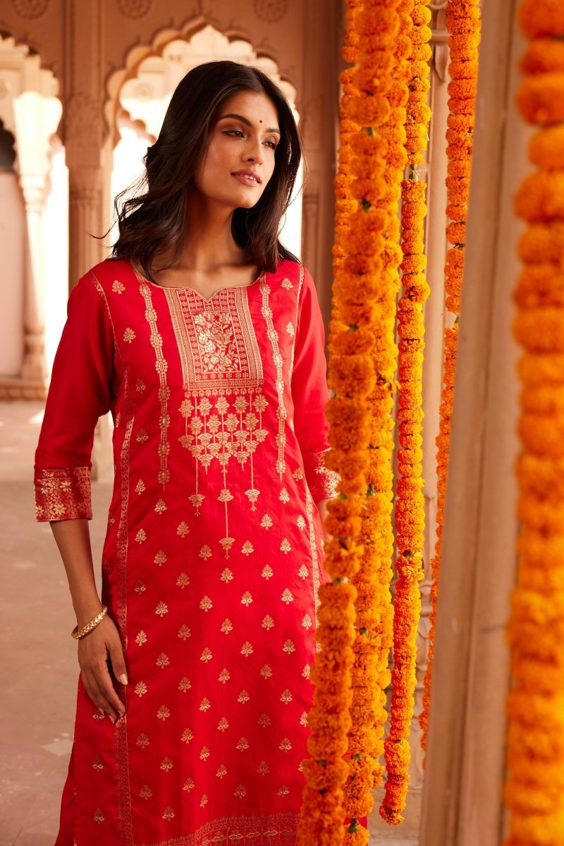 Ahalyaa Women Red Ethnic Motifs Kurta with Trousers - Distacart