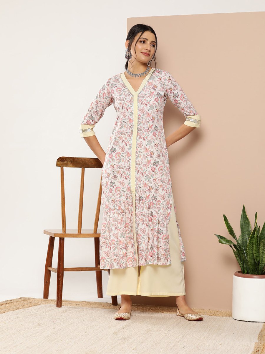 Ahalyaa Women Pink Floral Printed Pleated Gotta Patti Kurta with Palazzos - Distacart