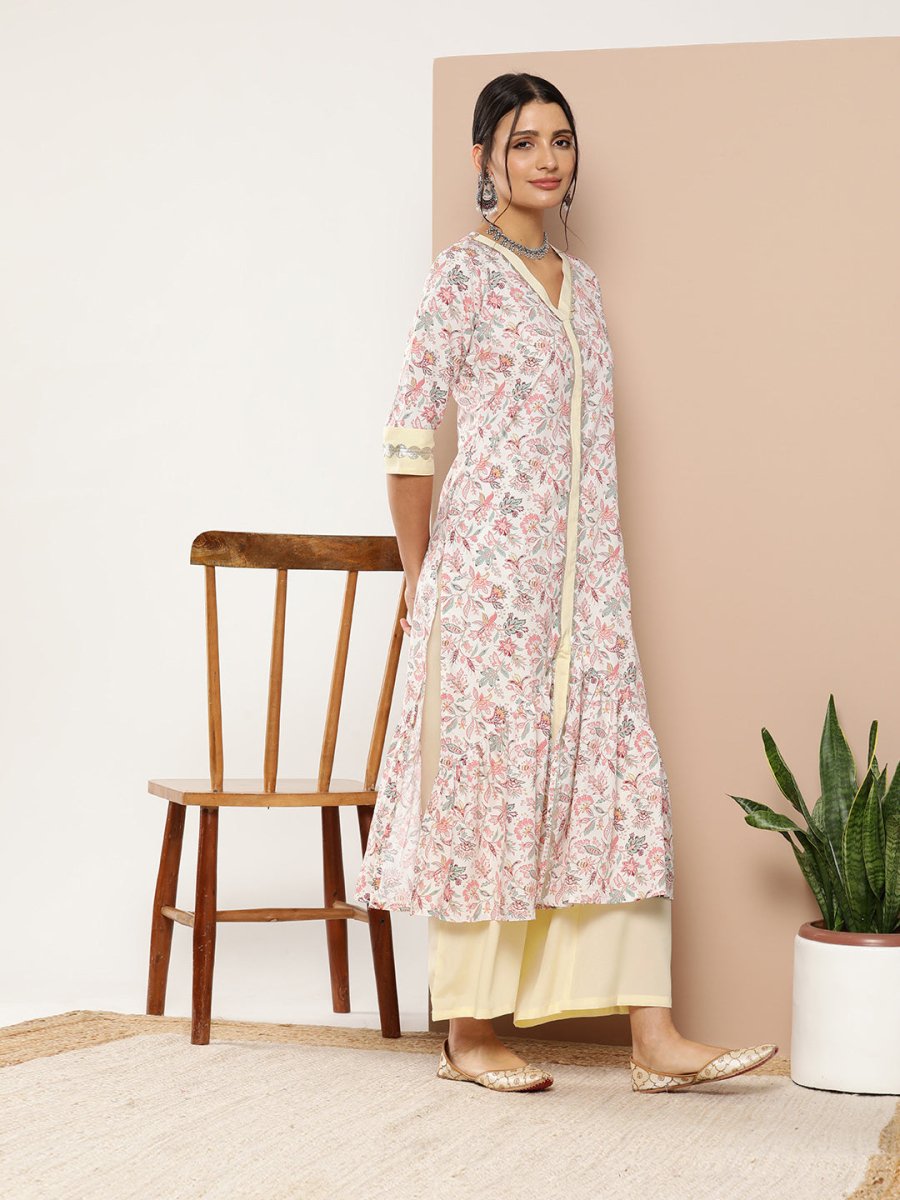 Ahalyaa Women Pink Floral Printed Pleated Gotta Patti Kurta with Palazzos - Distacart