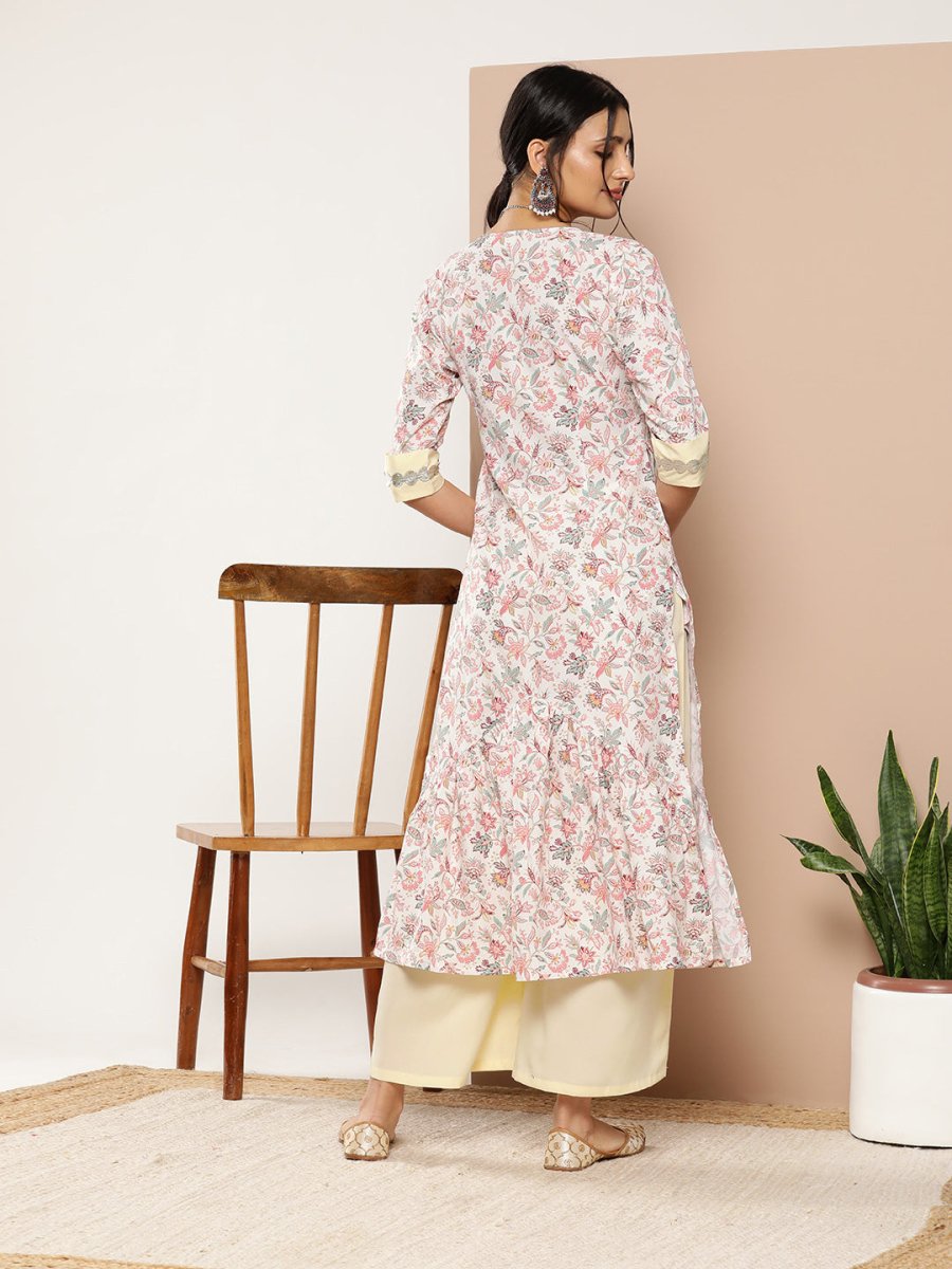 Ahalyaa Women Pink Floral Printed Pleated Gotta Patti Kurta with Palazzos - Distacart