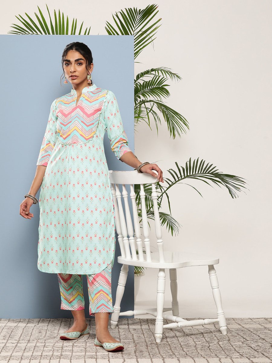 Ahalyaa Women Turquoise Blue Printed Gotta Patti Kurta with Trousers - Distacart
