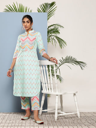 Ahalyaa Women Turquoise Blue Printed Gotta Patti Kurta with Trousers - Distacart
