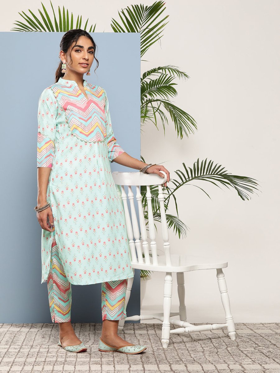 Ahalyaa Women Turquoise Blue Printed Gotta Patti Kurta with Trousers - Distacart