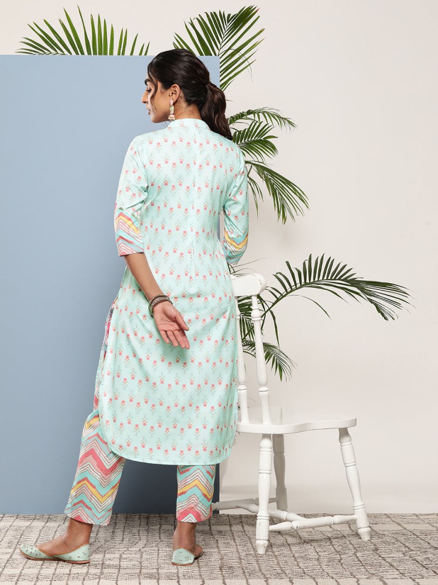 Ahalyaa Women Turquoise Blue Printed Gotta Patti Kurta with Trousers - Distacart
