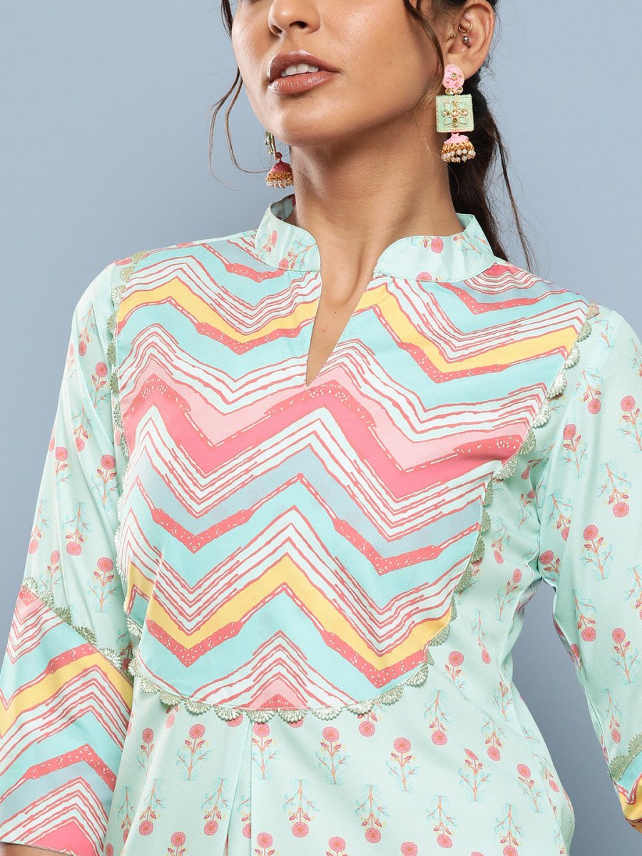 Ahalyaa Women Turquoise Blue Printed Gotta Patti Kurta with Trousers - Distacart