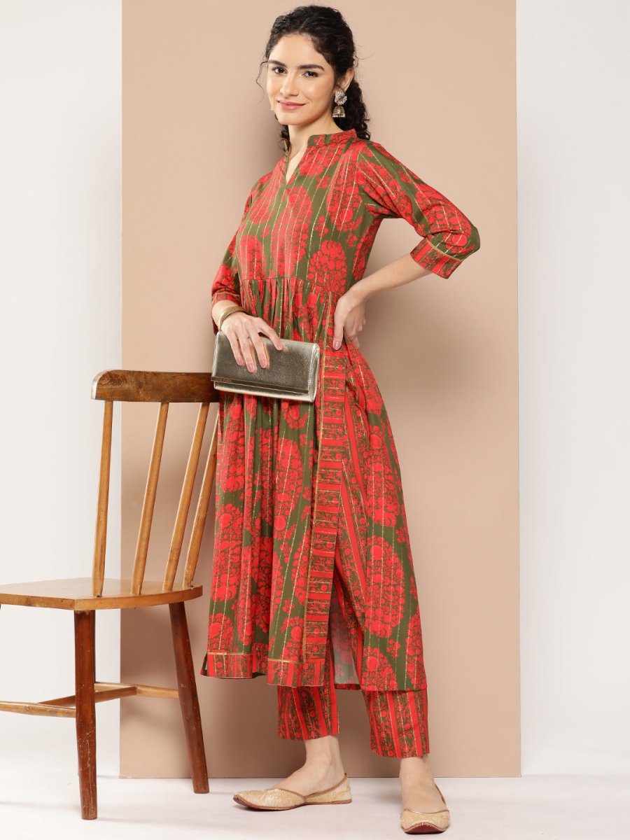 Ahalyaa Women Floral Printed Pleated Gotta Patti Kurta with Trousers - Distacart