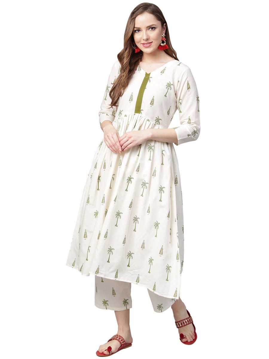 Ahalyaa Pure Cotton Off White Gathered Kurta With Pant