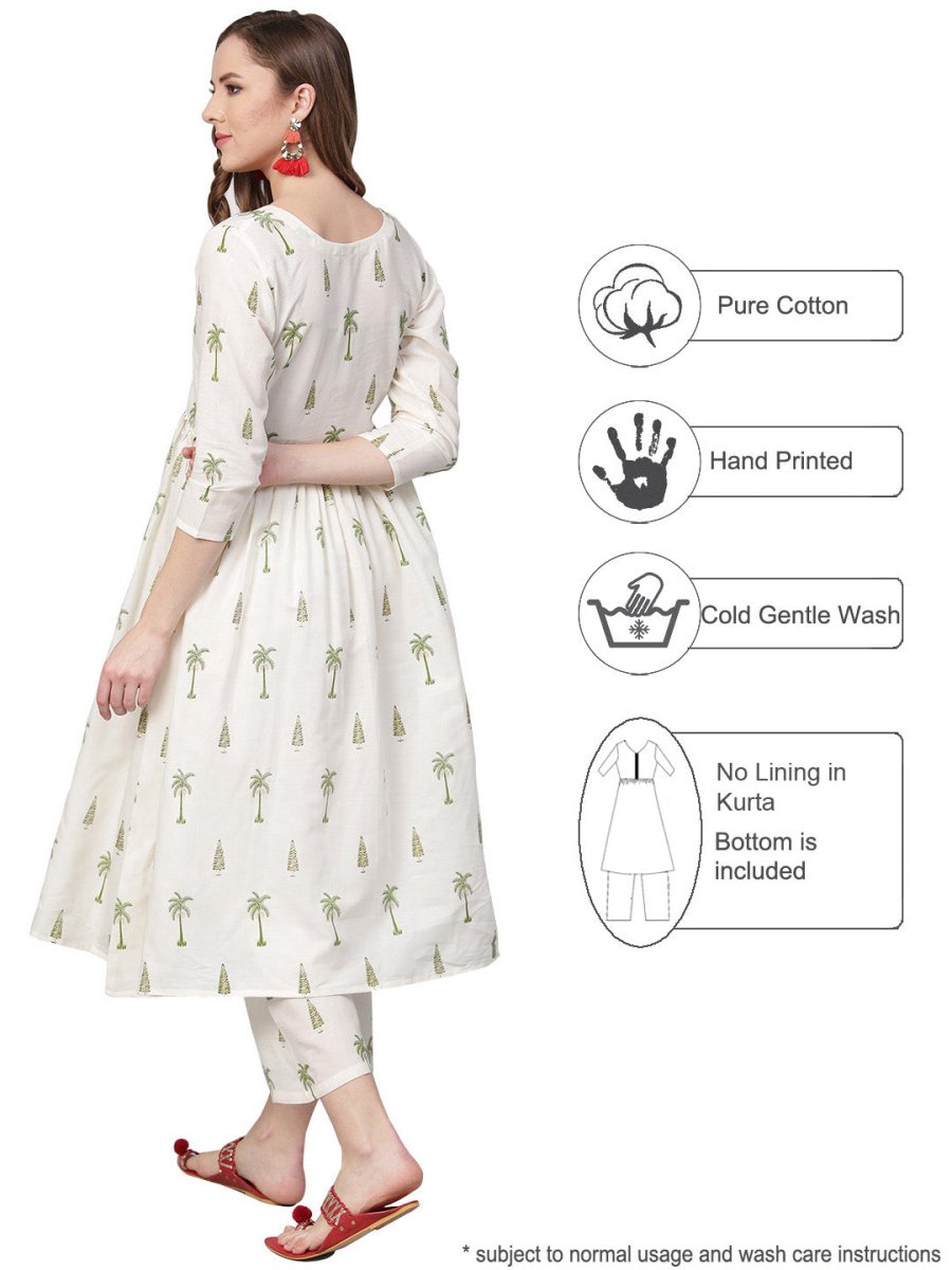 Ahalyaa Pure Cotton Off White Gathered Kurta With Pant