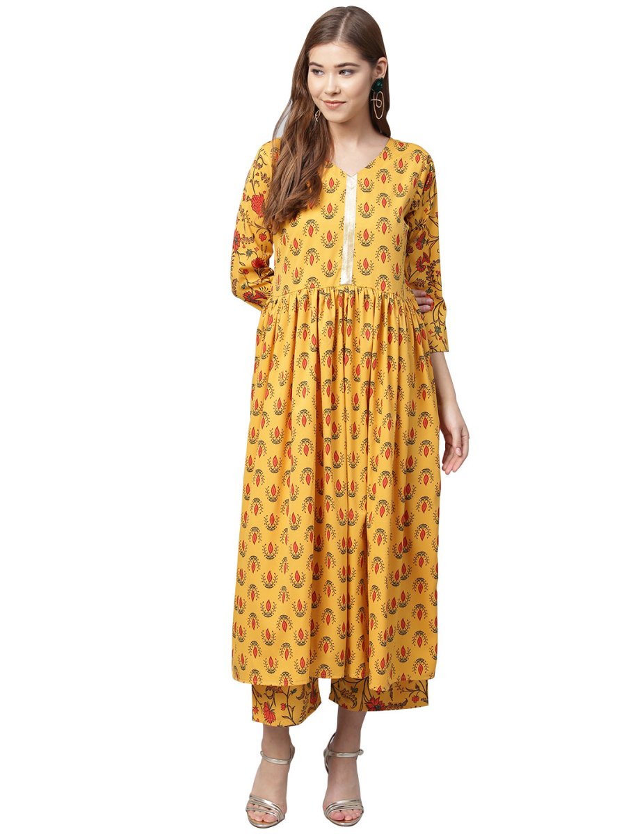 Ahalyaa Mustard Gathered Printed Kurta With Pant