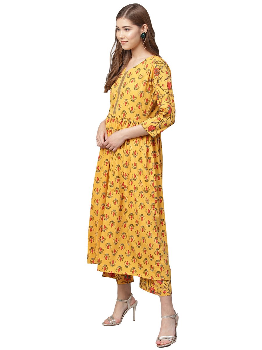 Ahalyaa Mustard Gathered Printed Kurta With Pant
