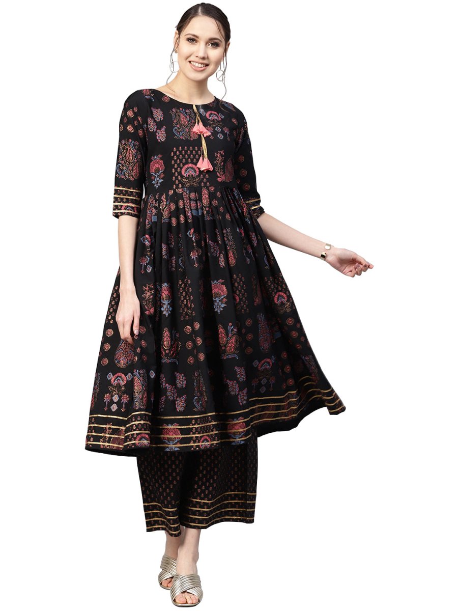 Ahalyaa Black Poly Crepe A-Line Kurta Set