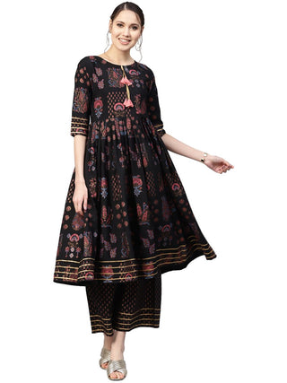 Ahalyaa Black Poly Crepe A-Line Kurta Set