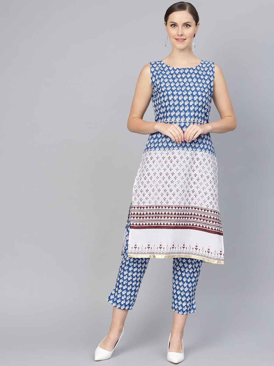 Ahalyaa Women Blue & White Printed Kurta with Trousers - Distacart