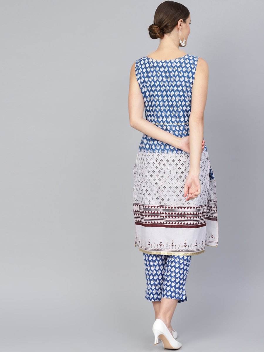 Ahalyaa Women Blue & White Printed Kurta with Trousers - Distacart