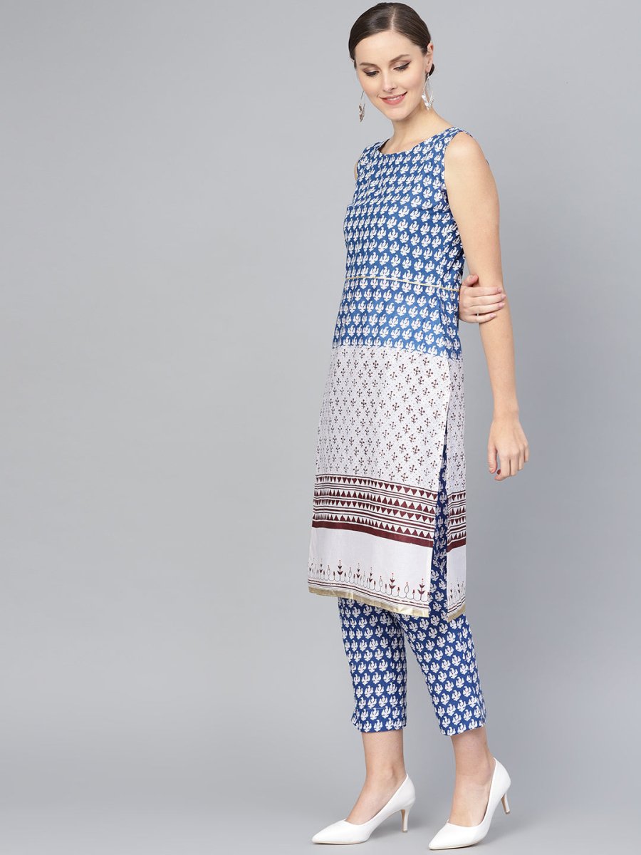 Ahalyaa Women Blue & White Printed Kurta with Trousers - Distacart