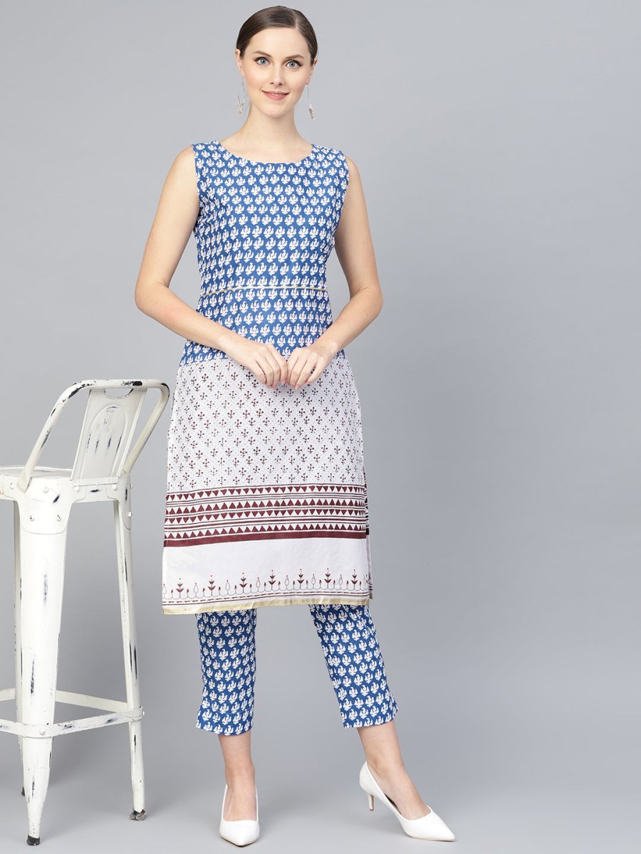 Ahalyaa Women Blue & White Printed Kurta with Trousers - Distacart