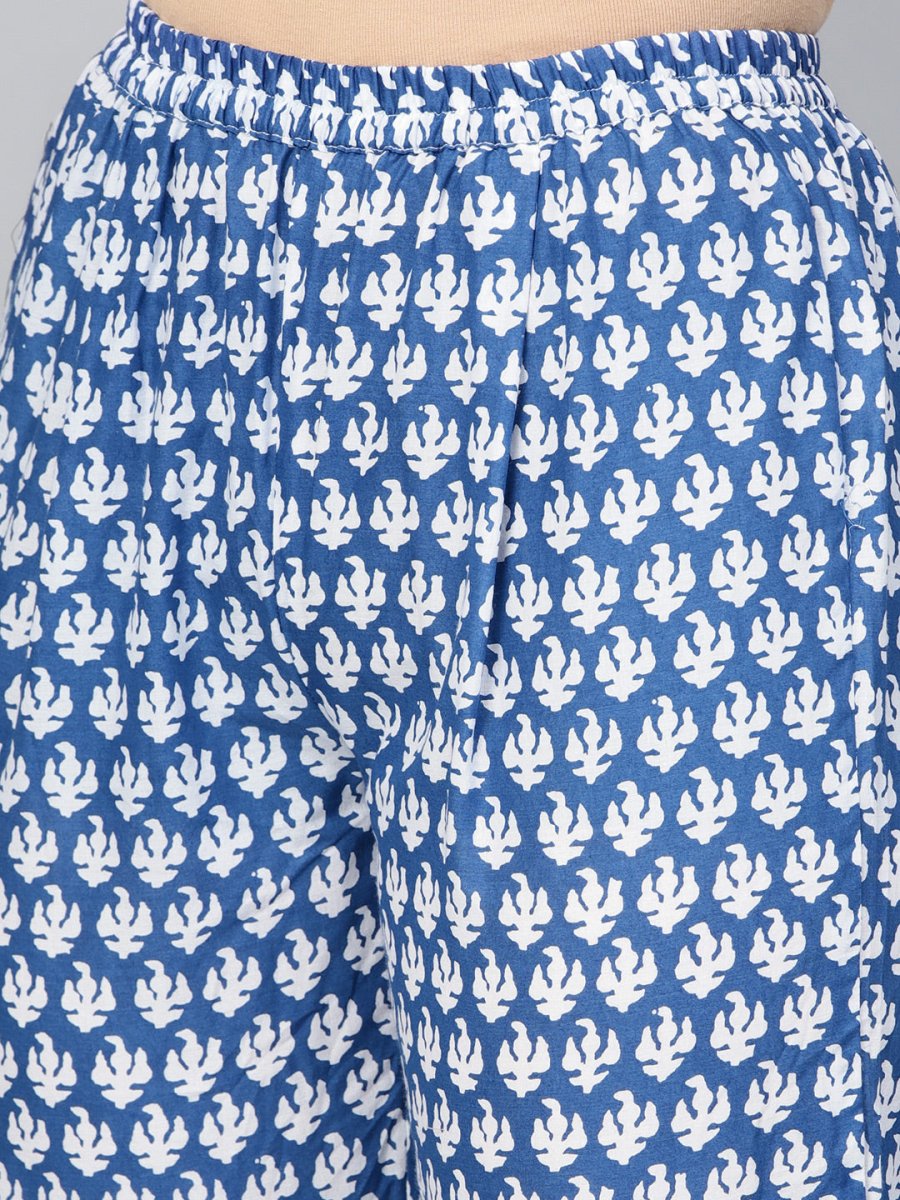 Ahalyaa Women Blue & White Printed Kurta with Trousers - Distacart