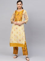 Thumbnail for Ahalyaa Women Beige & Mustard Yellow Printed Kurta with Trousers - Distacart
