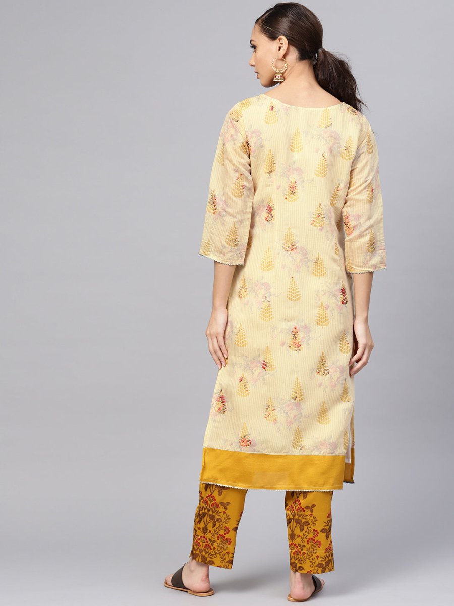Ahalyaa Women Beige & Mustard Yellow Printed Kurta with Trousers - Distacart