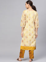 Thumbnail for Ahalyaa Women Beige & Mustard Yellow Printed Kurta with Trousers - Distacart