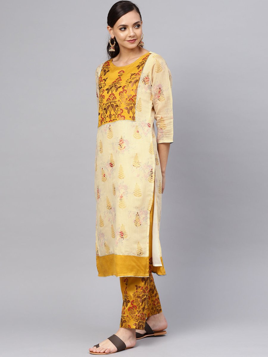Ahalyaa Women Beige & Mustard Yellow Printed Kurta with Trousers - Distacart