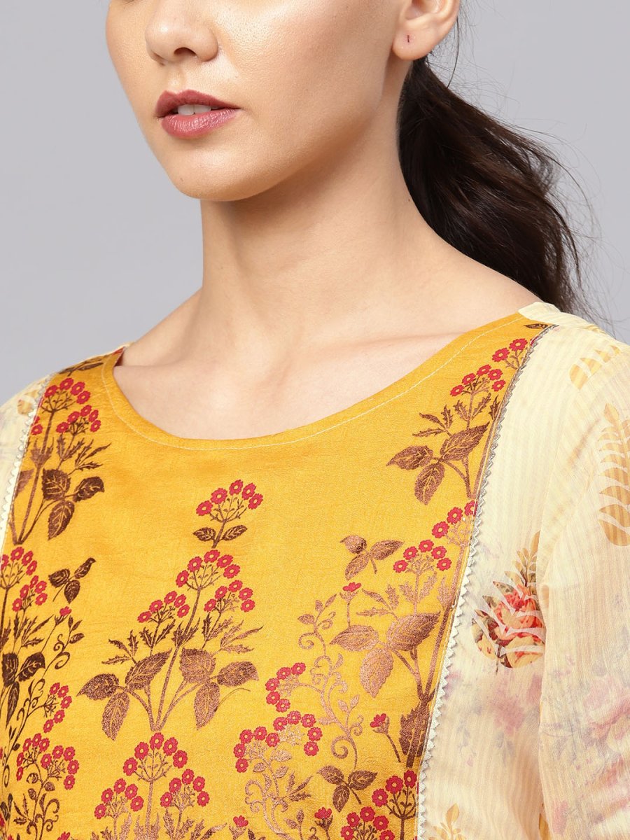 Ahalyaa Women Beige & Mustard Yellow Printed Kurta with Trousers - Distacart