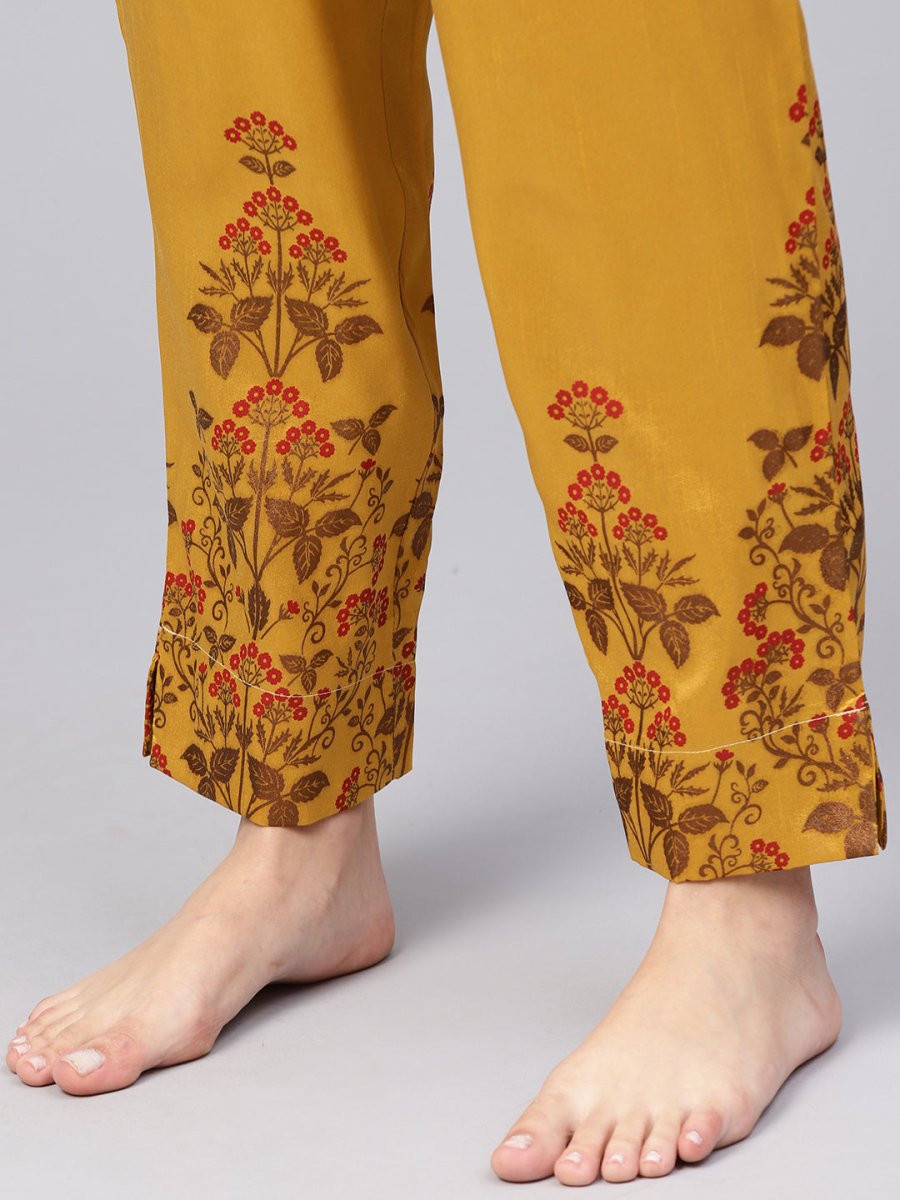Ahalyaa Women Beige & Mustard Yellow Printed Kurta with Trousers - Distacart