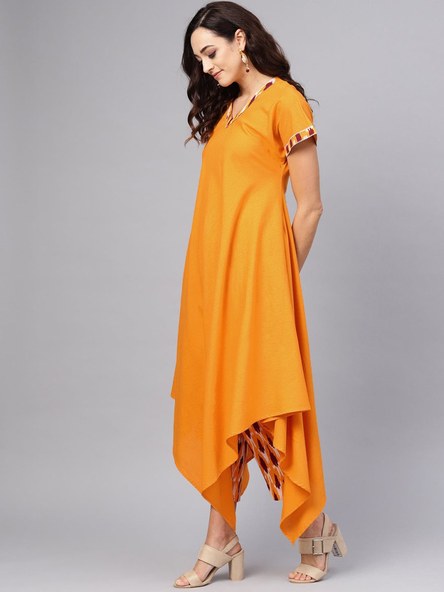 Ahalyaa Mustard Solid Kimono Style Cotton Kurta Set