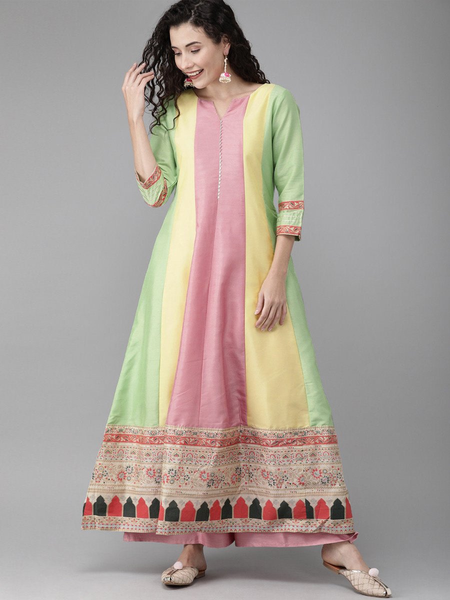 Ahalyaa Women Pink & Yellow Colourblocked Kurta with Palazzos