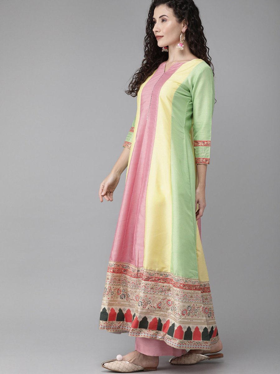 Ahalyaa Women Pink & Yellow Colourblocked Kurta with Palazzos