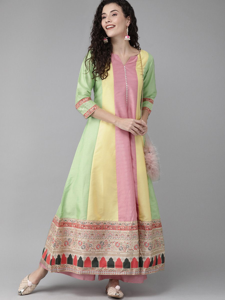 Ahalyaa Women Pink & Yellow Colourblocked Kurta with Palazzos