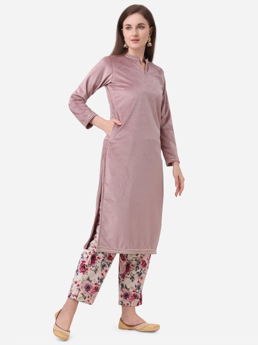 Ahalyaa Lilac Solid Kurta & Floral Pant Set
