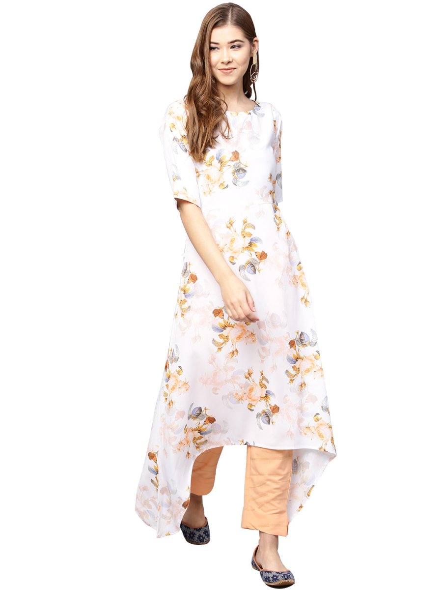 Ahalyaa White & Peach Floral Kurta With Pant