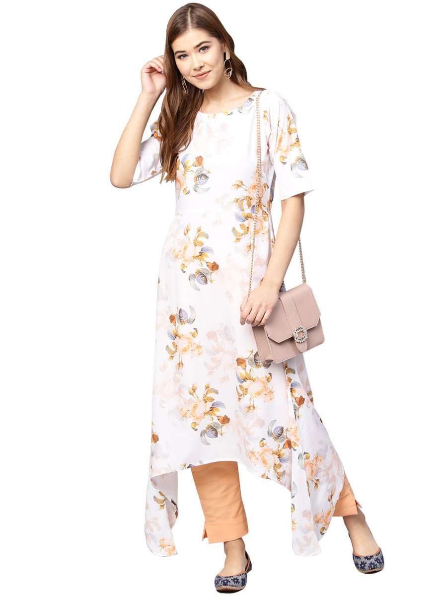 Ahalyaa White & Peach Floral Kurta With Pant
