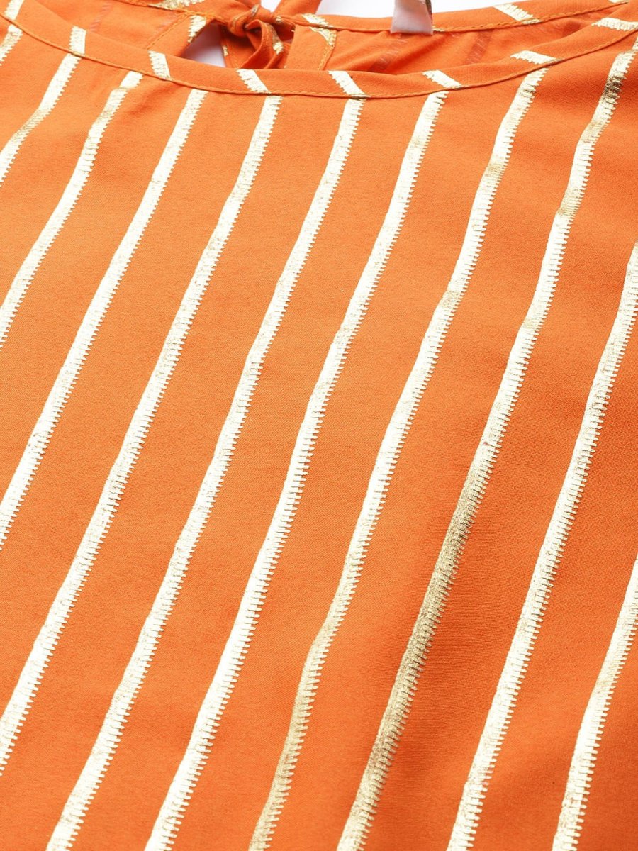 Ahalyaa Women Orange & Golden Striped Kurta With Trousers & Dupatta